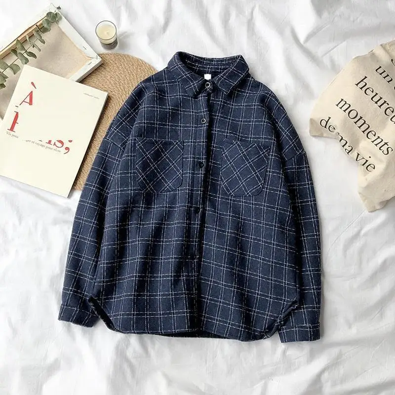 Plaid Loose Clothing Shirt Ropa Haut Femme Blusas Mujer Bayan Bluz Tops 2018 Autumn Winter women Korean Long Sleeve Blouse |