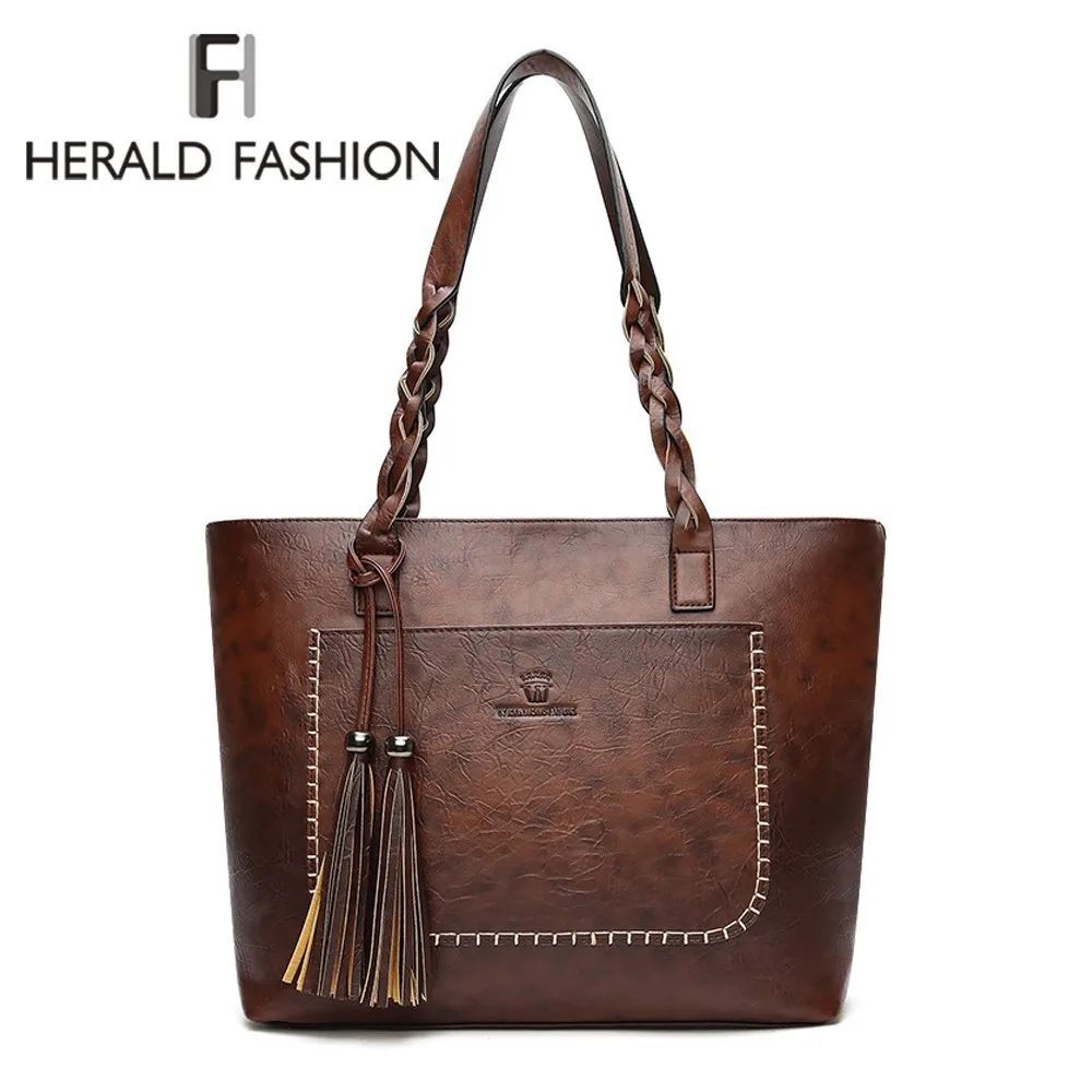 

Herald Fashion Vintage PU Tassel Women Shoulder Bag Female Retro Daily Causal Totes Lady Elegant Shopping Handbag Bolsos Sac