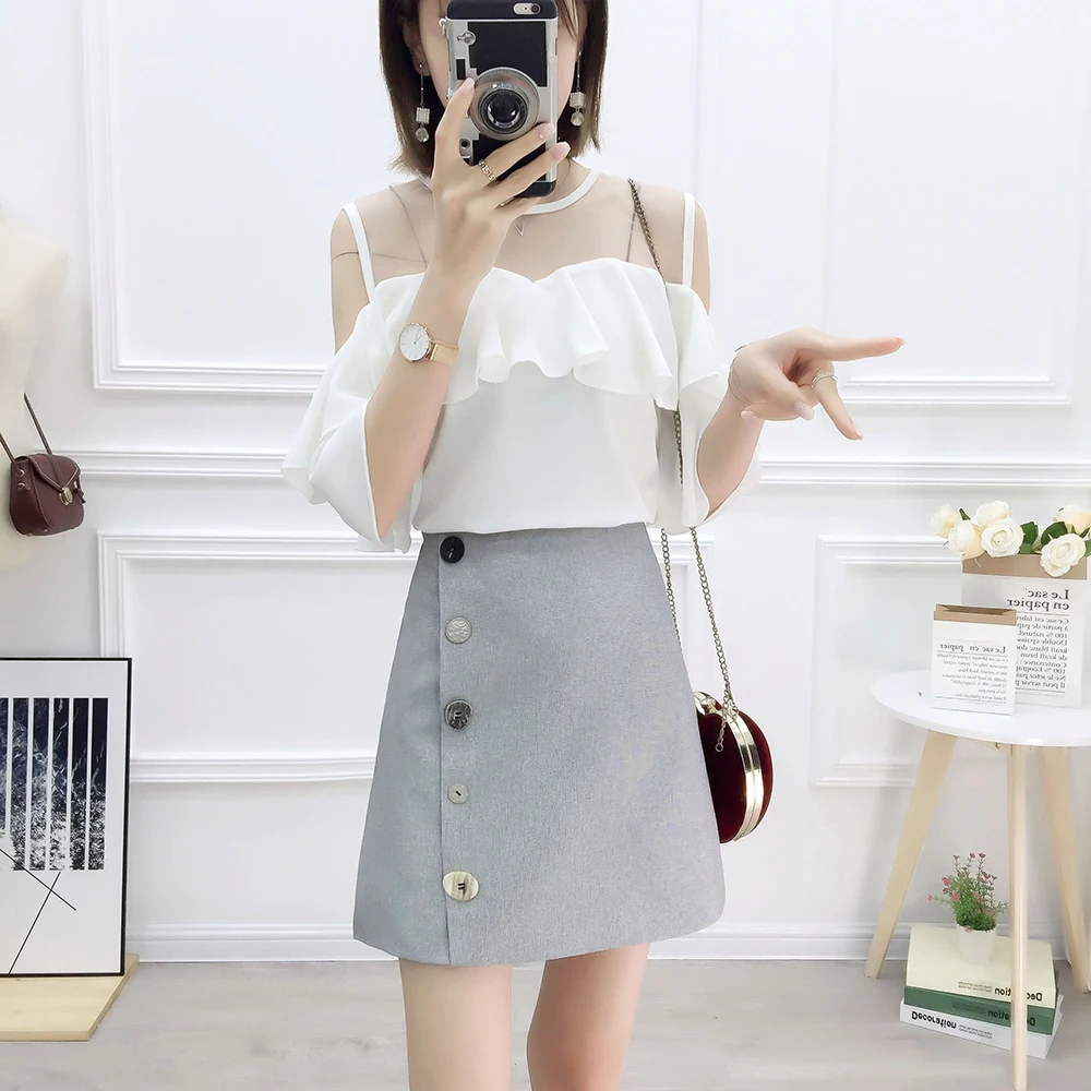 Новинка лета 2019 короткая юбка корейские модные костюмы шифоновая блузка топ юбки