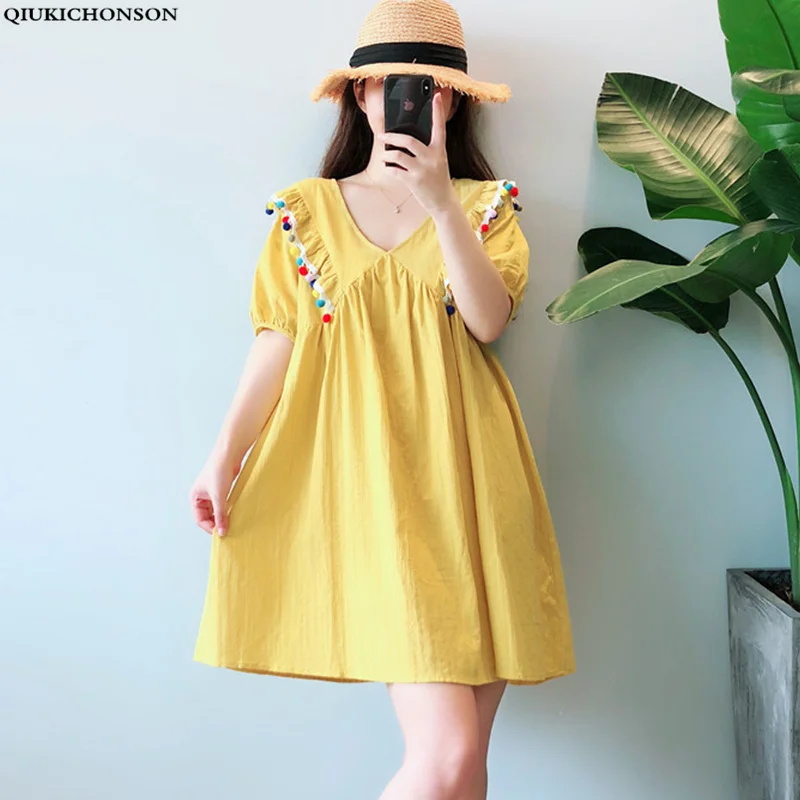 5XL лето для женщин Большие размеры платье 2019 нечеткой мяч дизайн V шеи корейской
