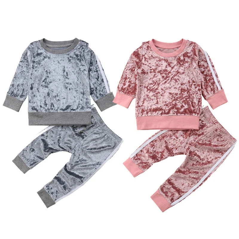 

New Kids Baby Boys and Girls Velvet Solid Tops and Long Pants Tracksuit Casual Clothes Warm