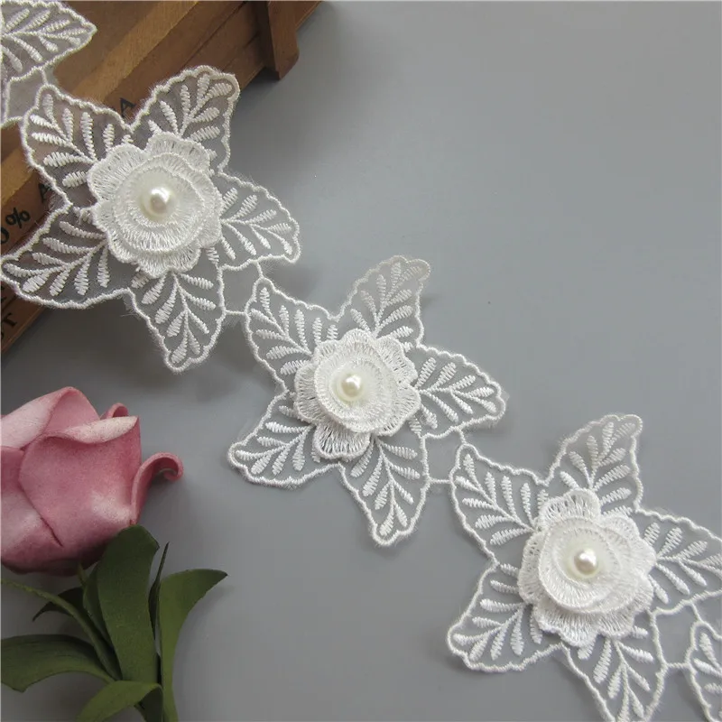 1 ярд звезда жемчуг 3D Розы вышитые цветы Сетка кружевная отделка Лента аппликация