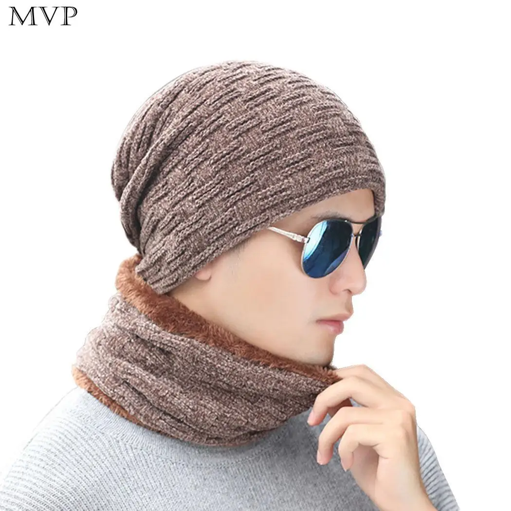 Men Winter Warm Solid Plush Hat Casual Street Outdoor Beanie 2 Pcs/Set &amp Skull Spring Fall Cap Scarf Set |