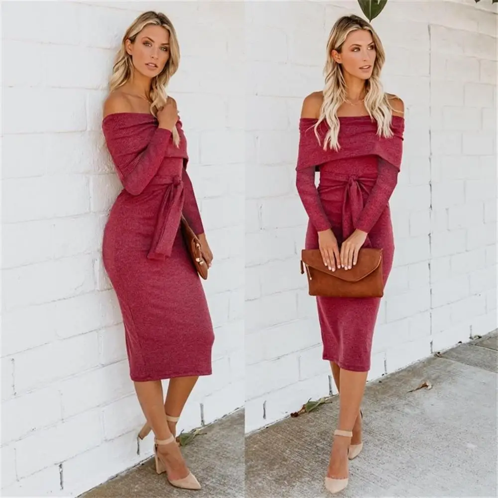 Осенне-зимняя Дамская обувь вечерние платье Мода с плеча Длинные рукава