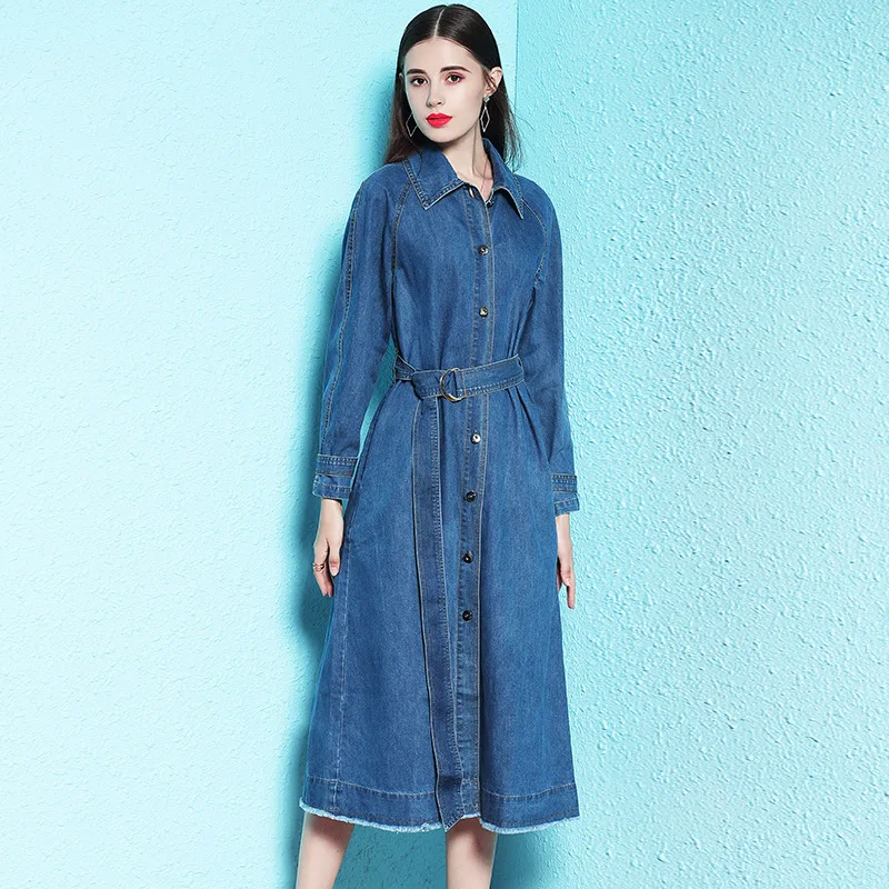 2021 осенне-зимнее плотное джинсовое платье женское длинное с широкой талией