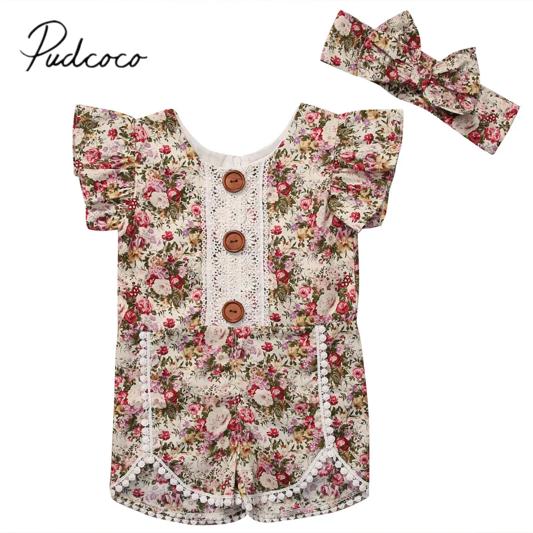 Летняя одежда для малышей кружевной комбинезон с цветочным принтом