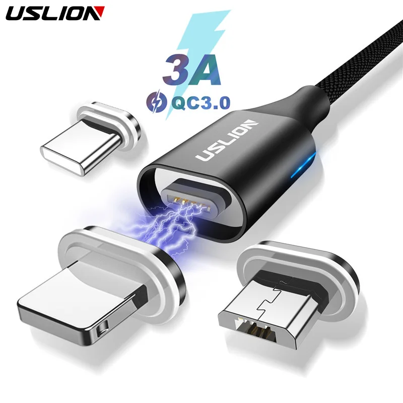Магнитный кабель USLION 3A Micro USB Type-C, светодиодный магнитный кабель для быстрой зарядки для Samsung, Xiaomi, Huawei, oneplus, 6t, iPhone X, XR