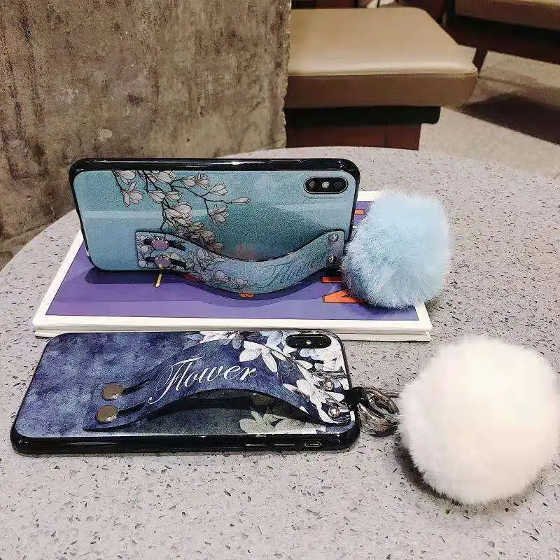 Чехол с цветочным узором для iphone XS MAX XR шариками волос ручным ремешком