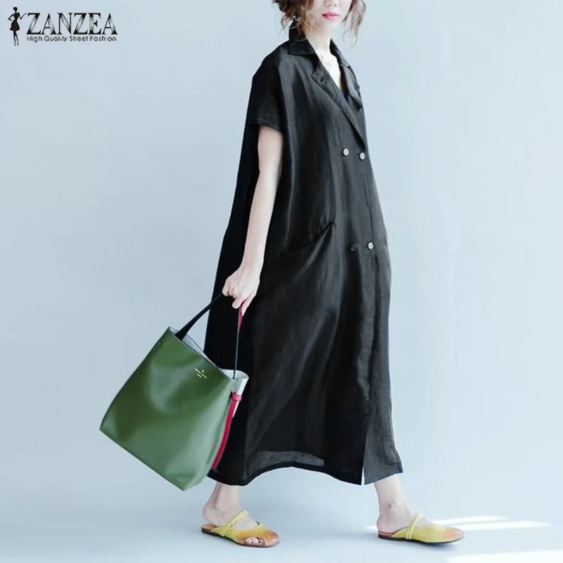 ZANZEA, женская рубашка с отворотом, с коротким рукавом, хлопок, лен, Vestido, летние платья, элегантные, офисные, однотонные, повседневные, свободные, кафтан, платье