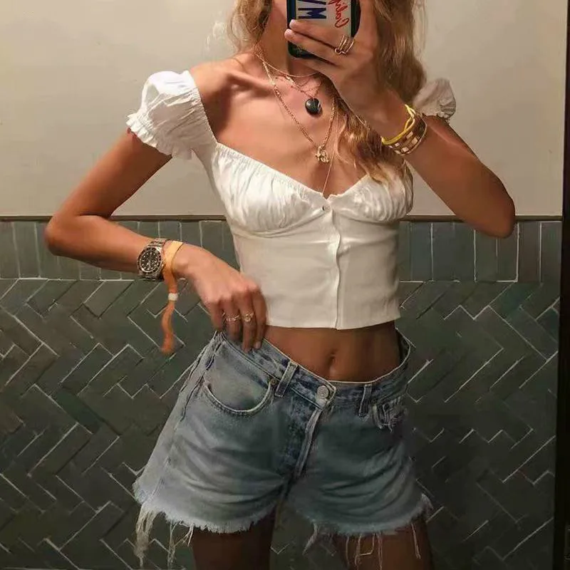 Женские летние топы блузки белый укороченный топ Сексуальная Блузка с пышными
