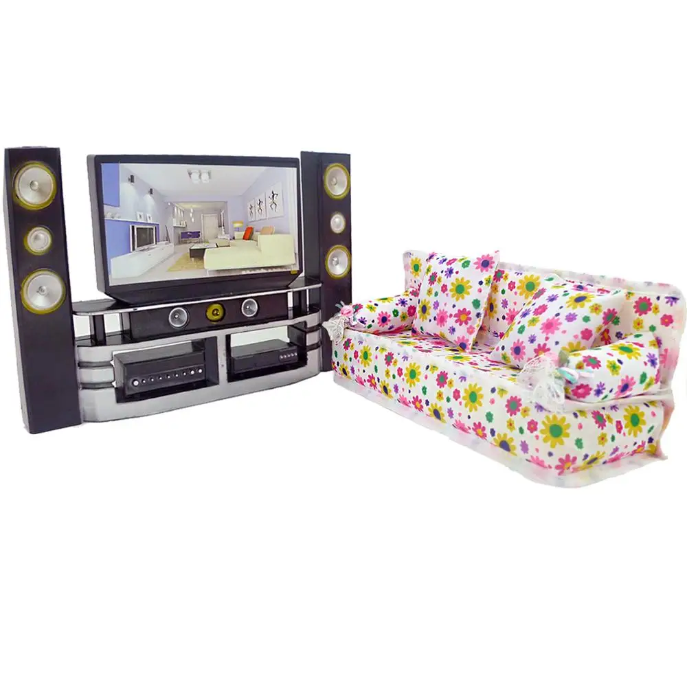 1 ТВ Hi Fi набор шкафов + диван из цветочной ткани с подушками для гостиной