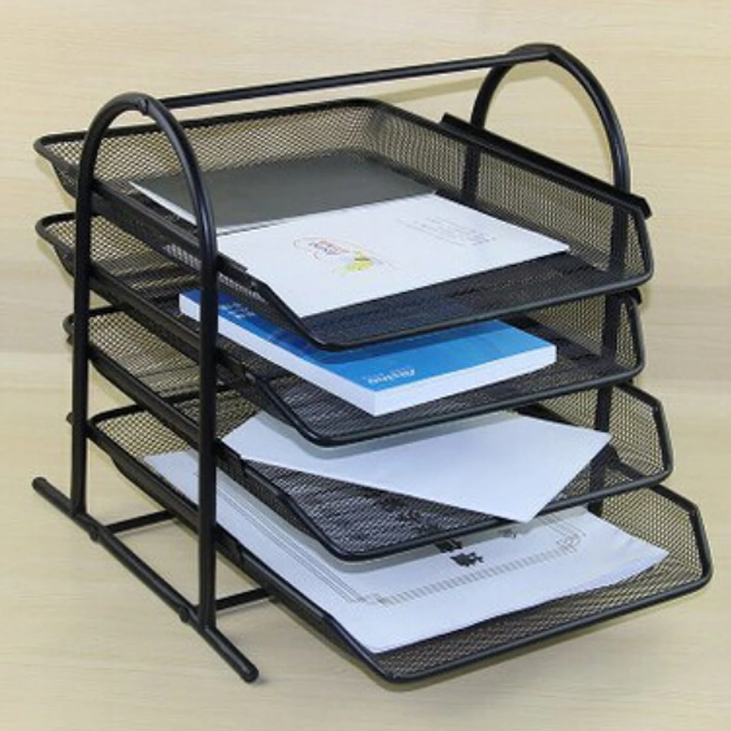 4-Tier Mesh File Holder Stand Organizer Tray for Magazine Letter Paper Document Home Office Desk Supplies