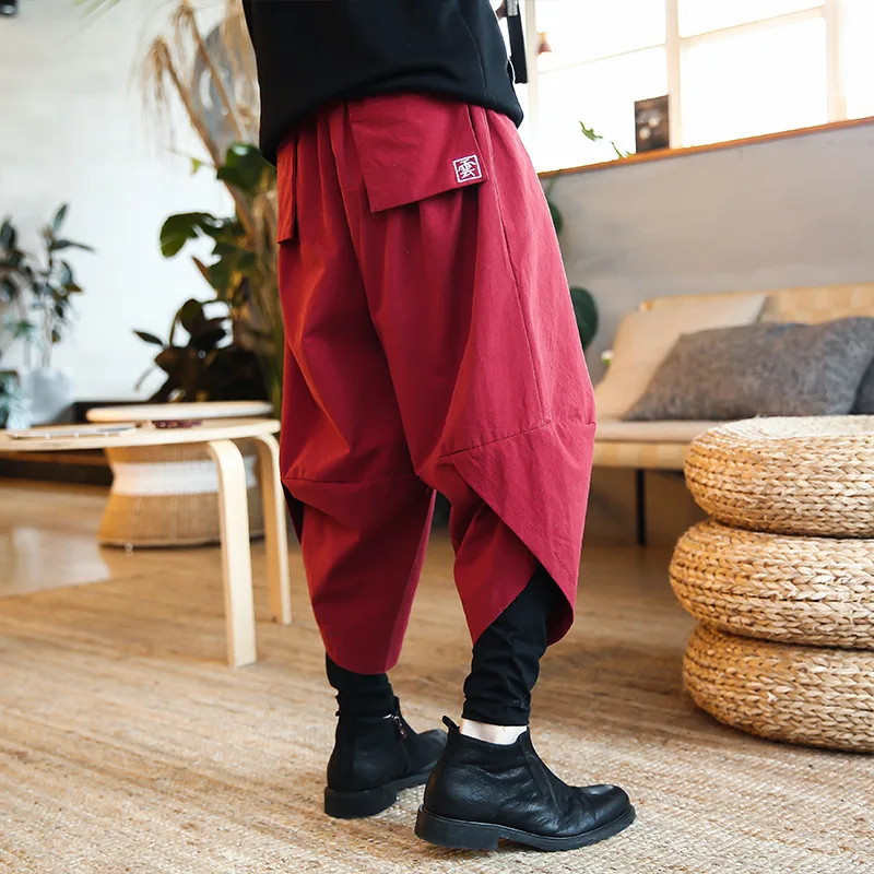 #2523 Spring Red/Black/Blue Vintage Casual Streetwear Harem Pants Men Cotton Linen Trousers Plus Size Fake Two Piece Embroidery | Мужская