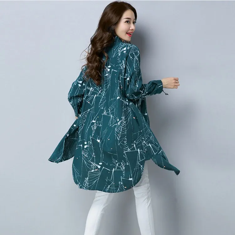 Print Casual Loose Long Blouses Women Sleeve Cotton Linen Shirt Spring Turn-down Collar Thin Tops |