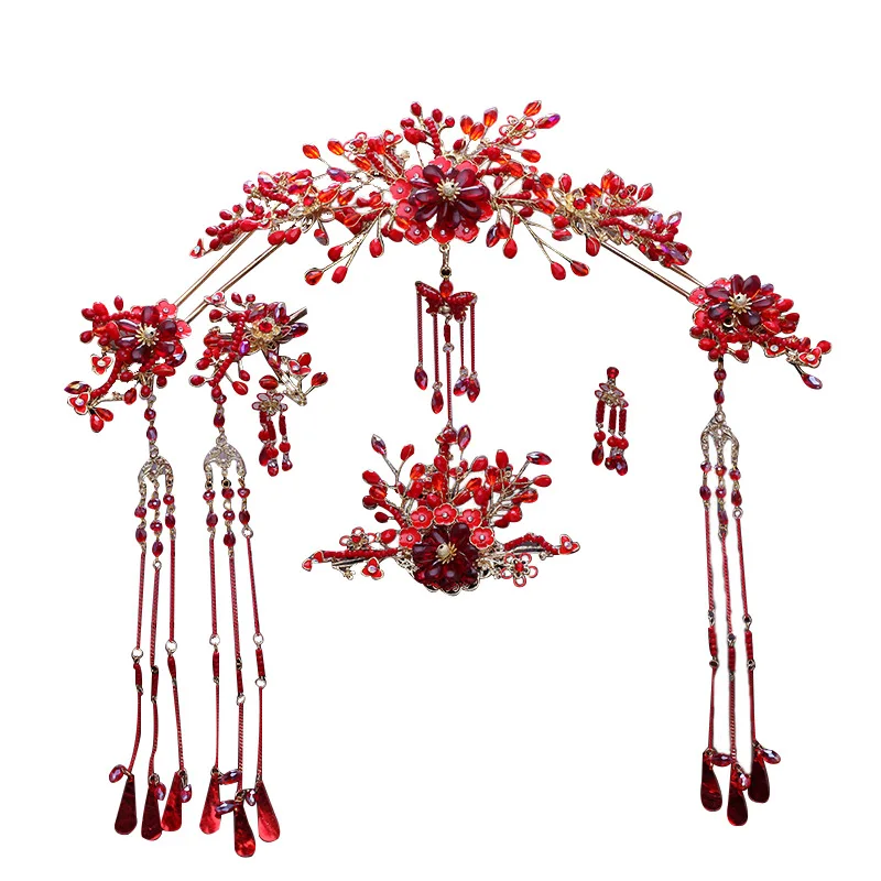 Wedding Bride Chinese Hair Jewelry Set Red Beaded Phoenix Headdress Costume Tassel Step Shakes Retro Women Headwear Ornaments | Украшения и