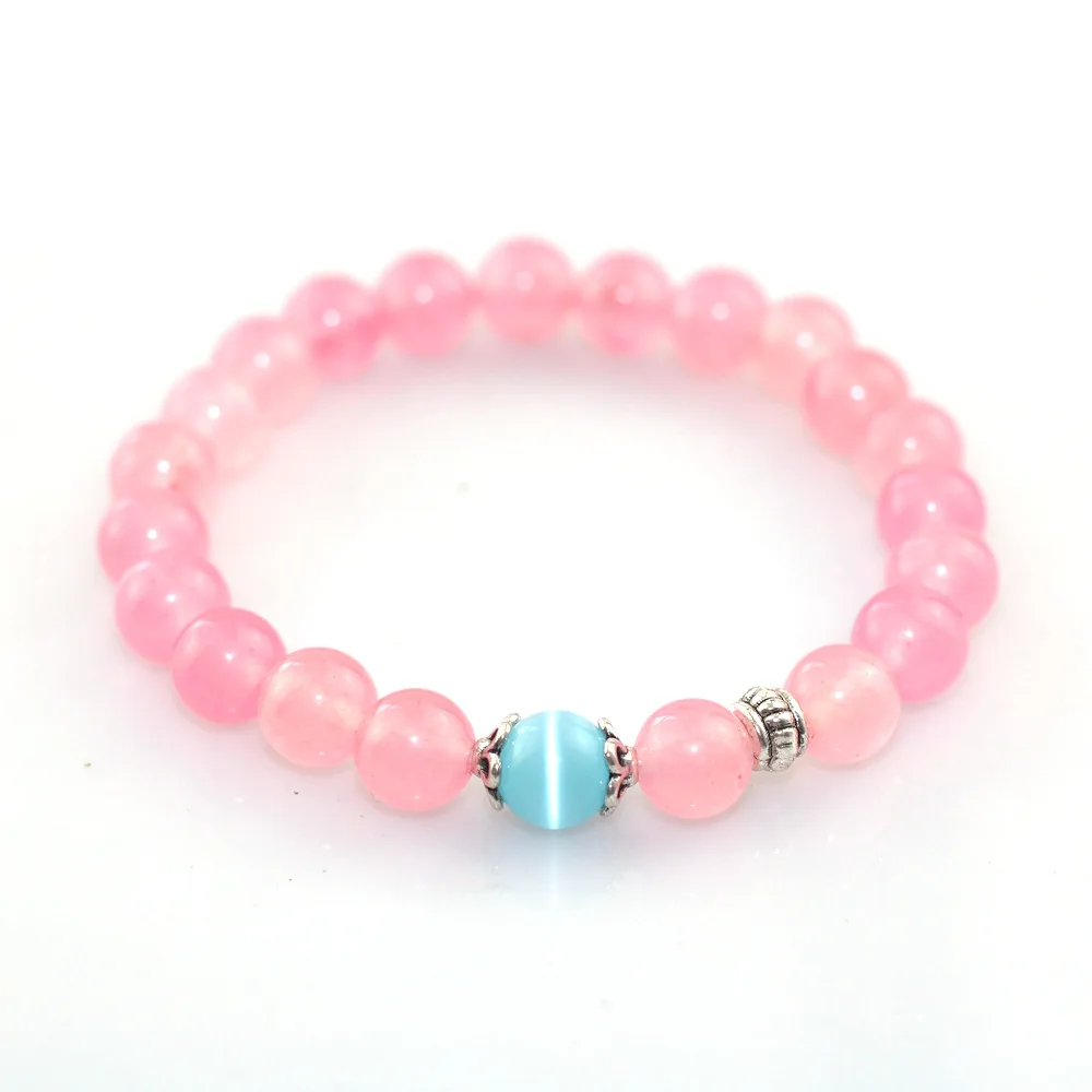 New design DIY powder jade blue cat eyes single-circle hot selling Valentine's Day present natural yoga stone elastic Bracelets |