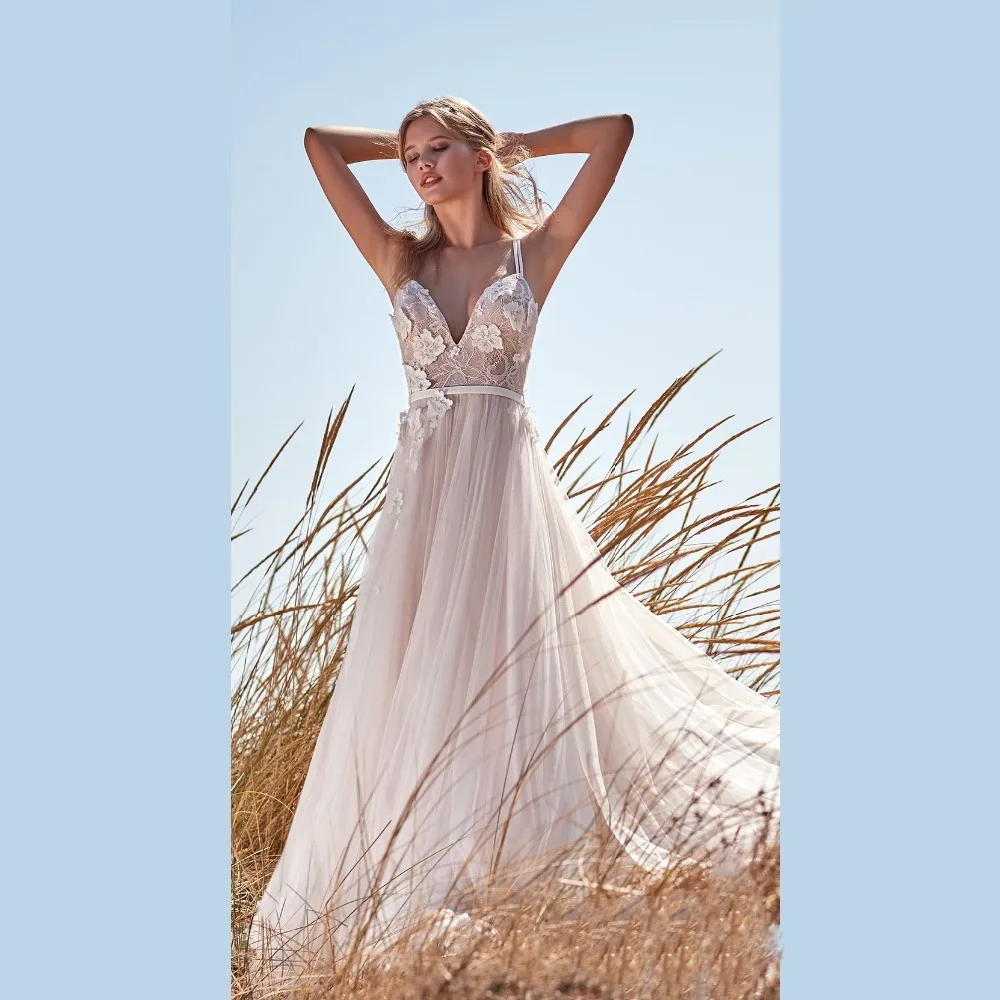 Свадебное платье с 3D цветами кружевное сексуальное невесты на тонких бретельках