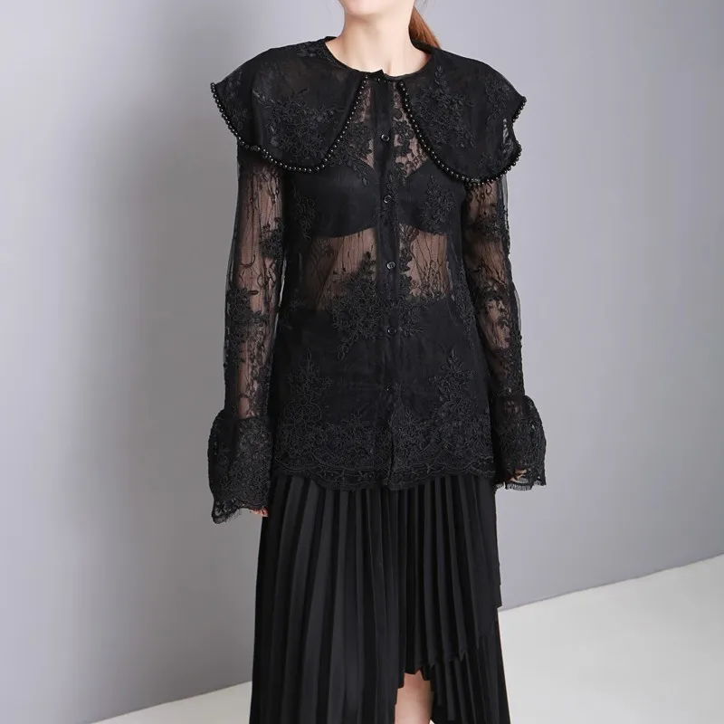 TWOTWINSTYLE Lace Shirts Tops Female Flare Long Sleeve Perspective Beading Blouse For Women Elegant Fashion Korean 2019 Autumn |