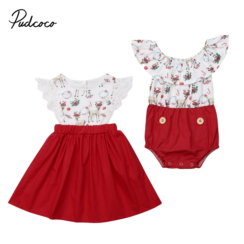 Kids Baby Girls Sister Matching Christmas Clothes Xmas Print Sleeveless Bodysuit&ampLace Dress Party Princess Fashion Outfit Set | Мать и