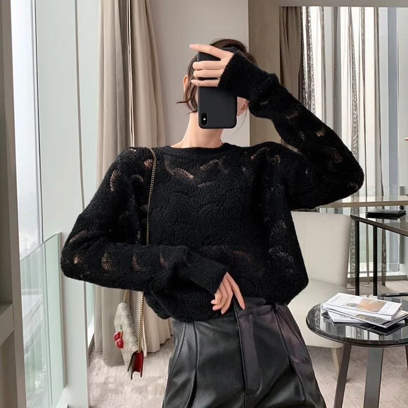 TWOTWINSTYLE Korean Hollow Out Sweater Women O Neck Long Sleeve Perspective Oversized Pullover Tops Spring 2019 Fashion | Женская одежда