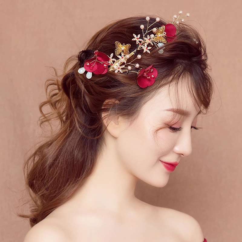 Fashion Handmade Hair Clips Red Fabric Flower Barrettes Wedding Bridal Bridesmaids Side Clip Accessories Photography Headdress | Украшения
