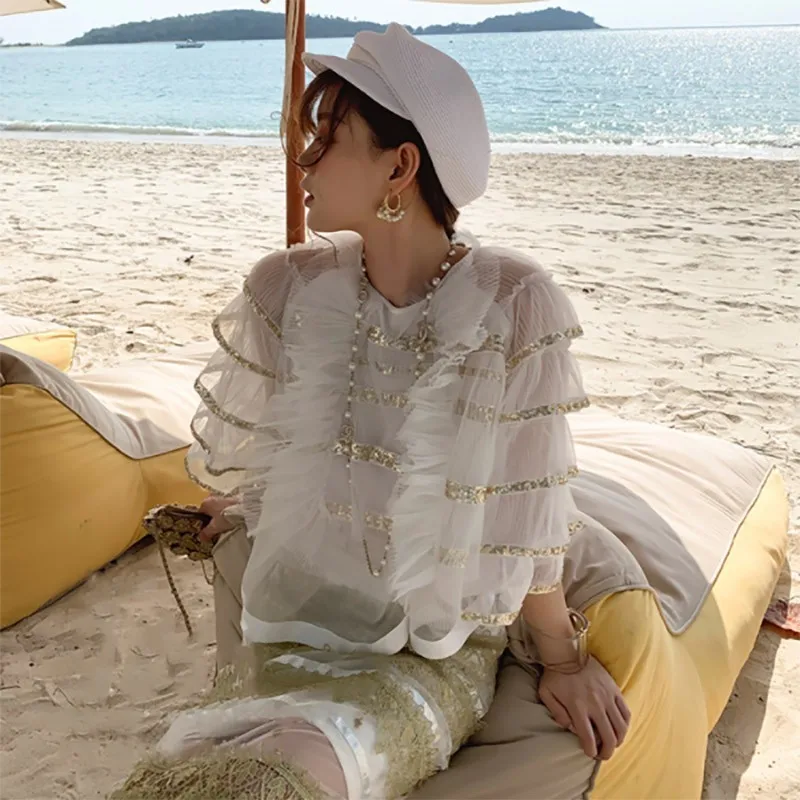 VGH Весенняя рубашка для женщин с круглым вырезом рукав девять-четвёртых сетчатых