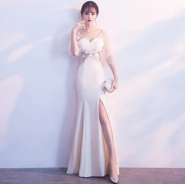 BANVASAC 2018 V Neck Flowers Split Mermaid Long Evening Dresses Party Lace Appliques Illusion Backless Prom Gowns | Свадьбы и
