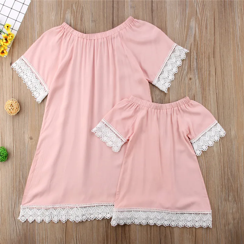 Summer Mother and Daughter Family Clothes 2019 New Women Kids Girls Short Sleeve Pink Lace Dress Matching Outfits | Мать и ребенок