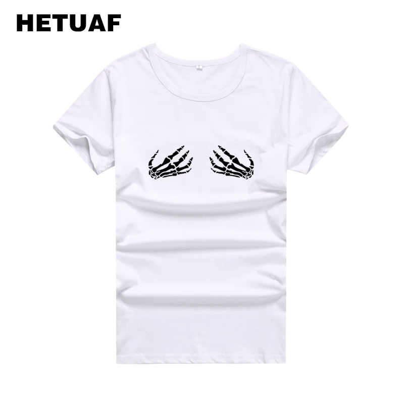 HETUAF 2018 прохладный скелет черепа футболки Для женщин с принтом в стиле панк рок