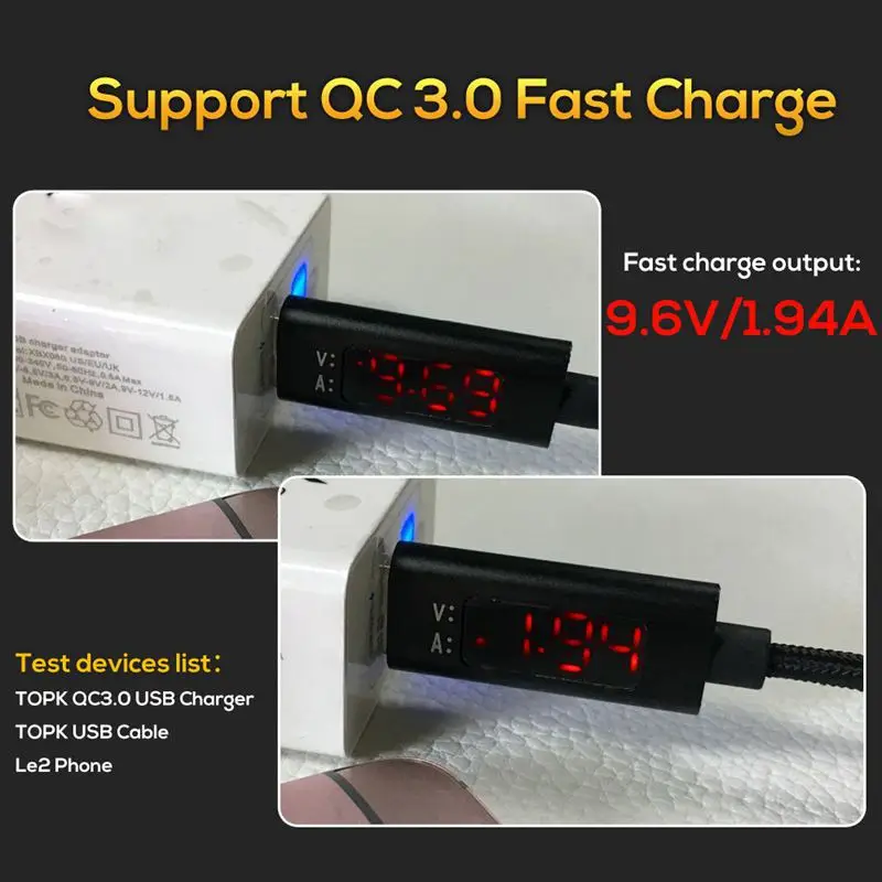 Кабель USB Type C QC 3 0 быстрая зарядка напряжение и Текущий Дисплей Плетеный кабель