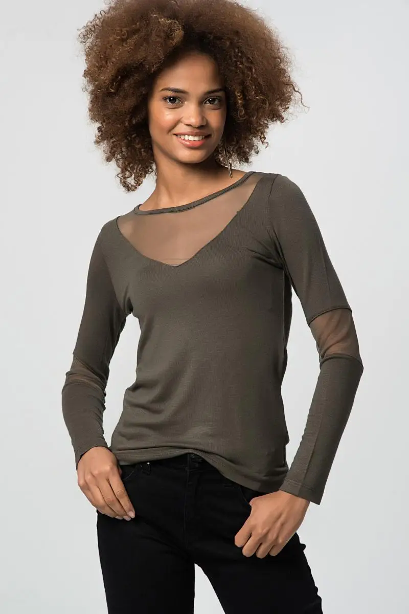 Boutiquen Women Khaki Göğüsü and Tulle Sleeves Blouse 10229 |
