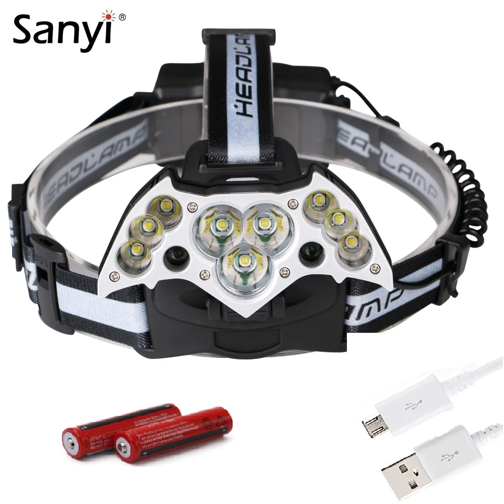 Sanyi 9 * XML T6 белый + 2 XPE красный светодиодный налобный фонарь водонепроницаемый с USB