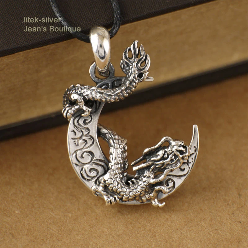 Кулон Мужской из стерлингового серебра S92 5 пробы с драконом и луной панк рок