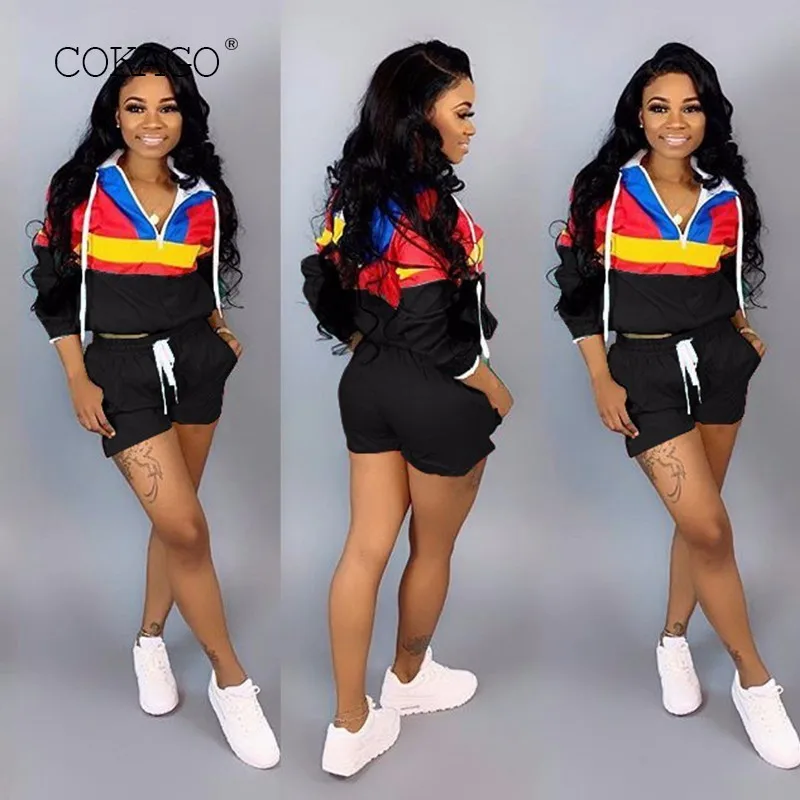 COKAGO Black Streetwear Sport Suit Women Pollover Long Sleeve Top+shorts Tracksuit Clothes 2019 S-XXXL Plus Size Outfit | Женская одежда