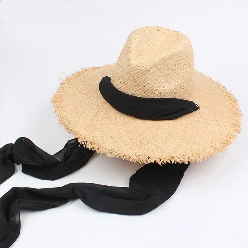 

Handmade Weave Raffia Sun Hat Women Black Ribbon Lace Up Large Brim Straw Hat sombrero de mujer Summer Beach Cap Chapeu Feminino