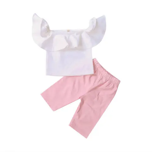 2Pcs Set Toddler Clothes Kid Baby Girl Ruffle Off Shoulder T-shirt Tops+Long Pants Children Summer Putfit |