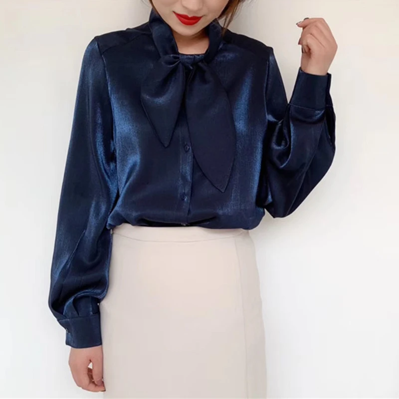 TWOTWINSTYLE Атласные Рубашки Блузки женские с завязкой в виде банта длинным рукавом