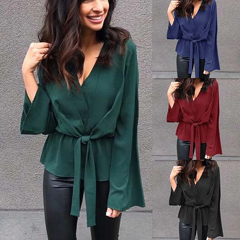 Модная женская шифоновая однотонная блузка 2019 новая весна осень глубокий