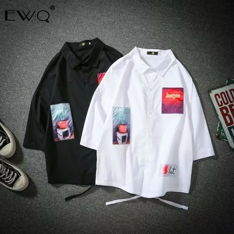 EWQ 2019 корейская негабаритная рубашка с коротким рукавом Винтажная летняя мужская