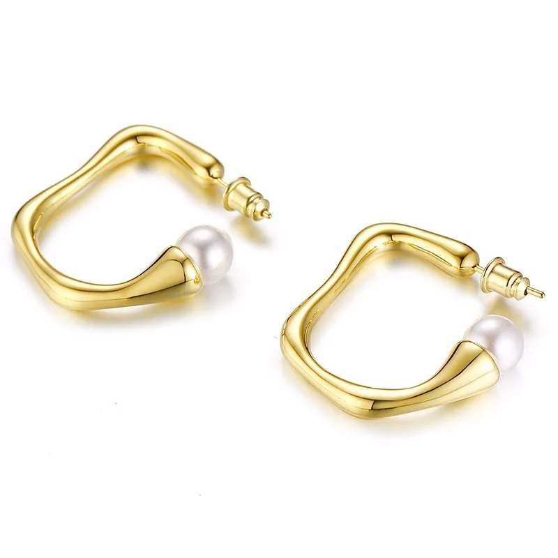 Vnox Chic Street Wear Hoop Earrings for Women Gold Tone Copper Simulated Pearl Stylish Irregular Shape Girl Boucles d'oreilles |