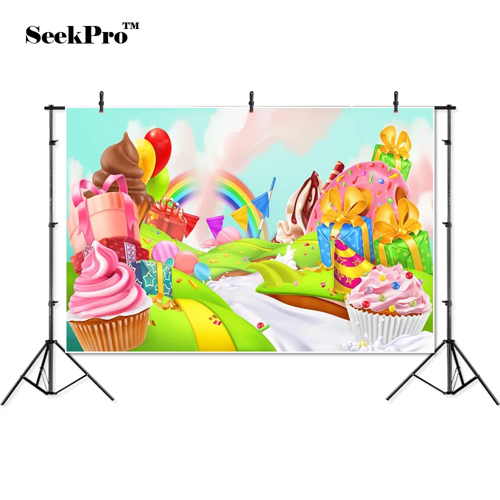 Студийный фон для фотосъемки в помещении с изображением конфет радуги капкейков