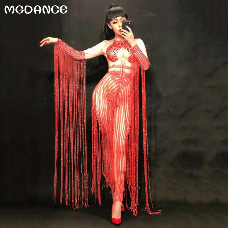 

New Sexy Long Tassel Women Glisten Crystals Red Jumpsuit Outfit Nightclub Singer Costume Stage Dance DS Performance Clothing