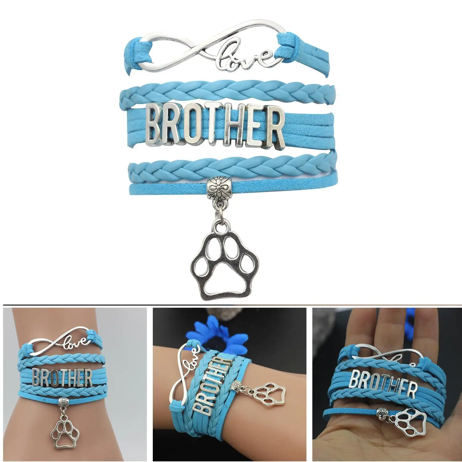 Браслет с застежкой в виде сердца кожа синий милый надписью Love Brother многослойный