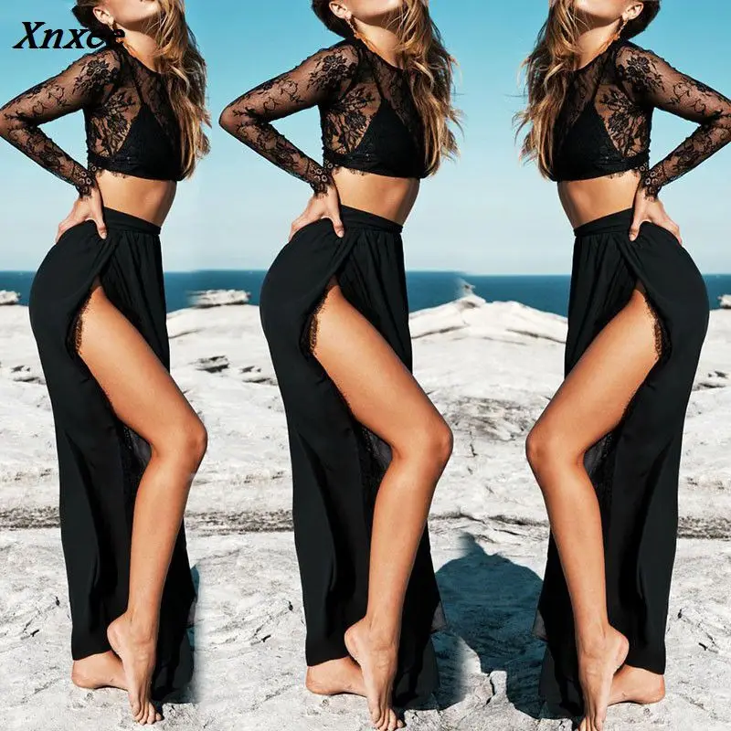 2018 осенний Женский комплект одежды из двух предметов кружевной топ и шифоновая