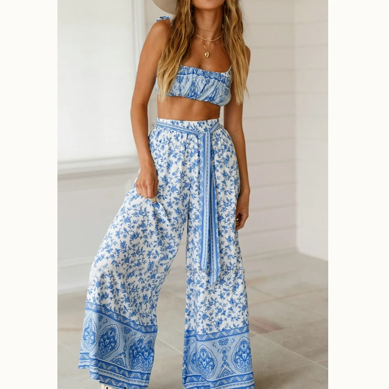 

Женский летний комплект из двух предметов, укороченный топ на бретельках + Длинные свободные женские брюки, повседневные комплекты из 2 пред...