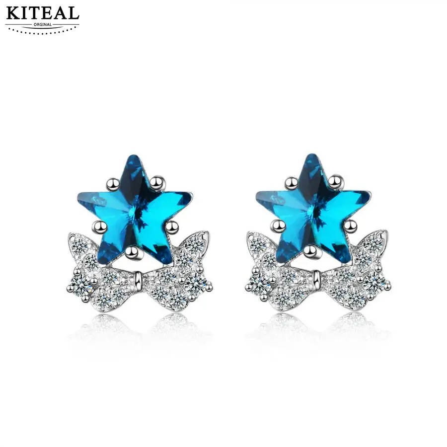 KITEAL New Arrival!! silver color Lady earrings Blue star clear crystal five boucle doreille femme bijouterie|Серьги-гвоздики| |