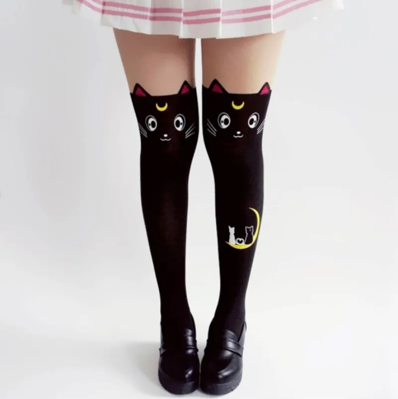 

Anime Sailor Moon Print Stocking Cosplay Costume Women Luna Cat Funky Stocking Pantyhose Silk Tights Stockings Black And White