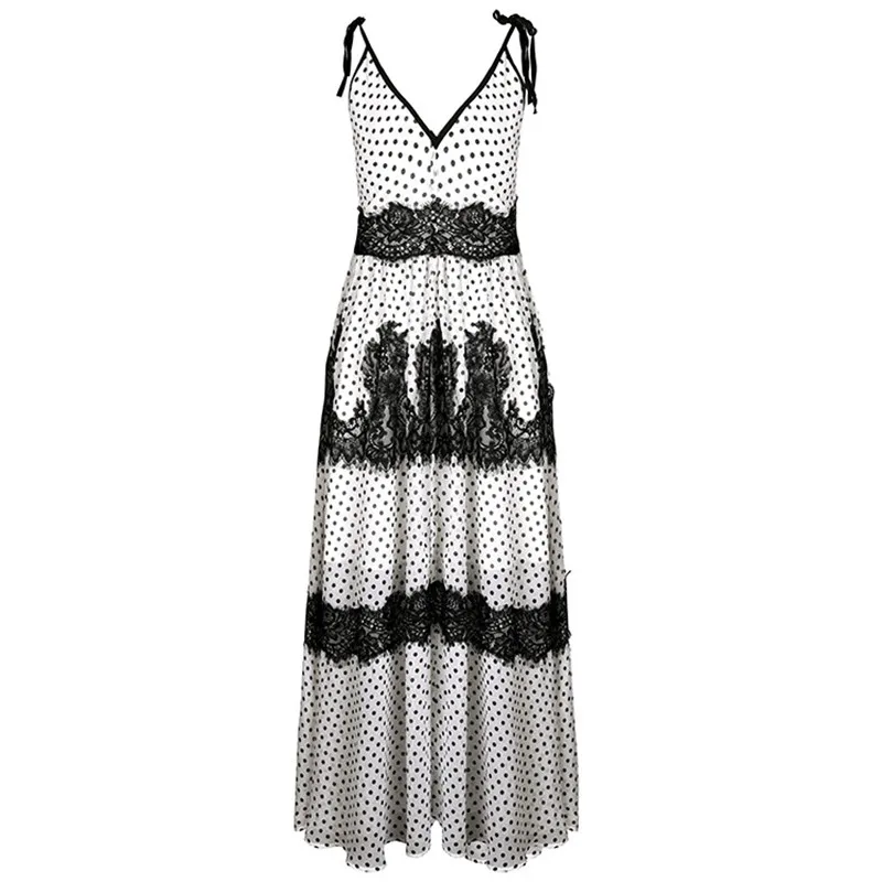 Женское длинное платье в горошек ажурное кружевное стиле бохо на