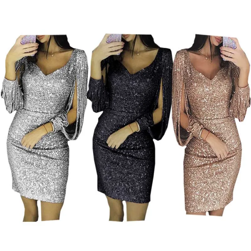 Wipalo Women Sexy V Neck Tassels Sleeve Sequin Party Dress Ladies Sparkly Night Bodycon Mini Club Spring Vestidos | Женская одежда