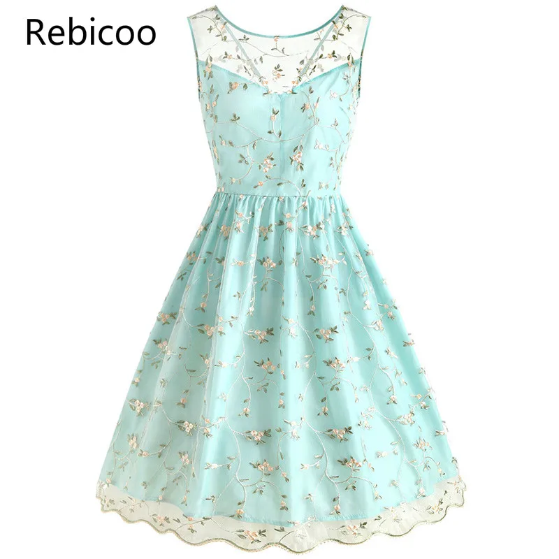 Women Perspective Embroidery Lace Backless High Waist Dress Sleeveless Mesh Overlay A Line Flare Dresses Party Vacation | Женская одежда